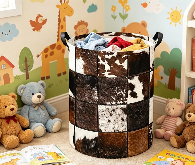 Baby Laundry Basket Kids Hamper Toy Storage Bin for Boys Room Decor Baby Nursery Hamper Gift Baskets for Bedroom Bathroom(Cows Print)