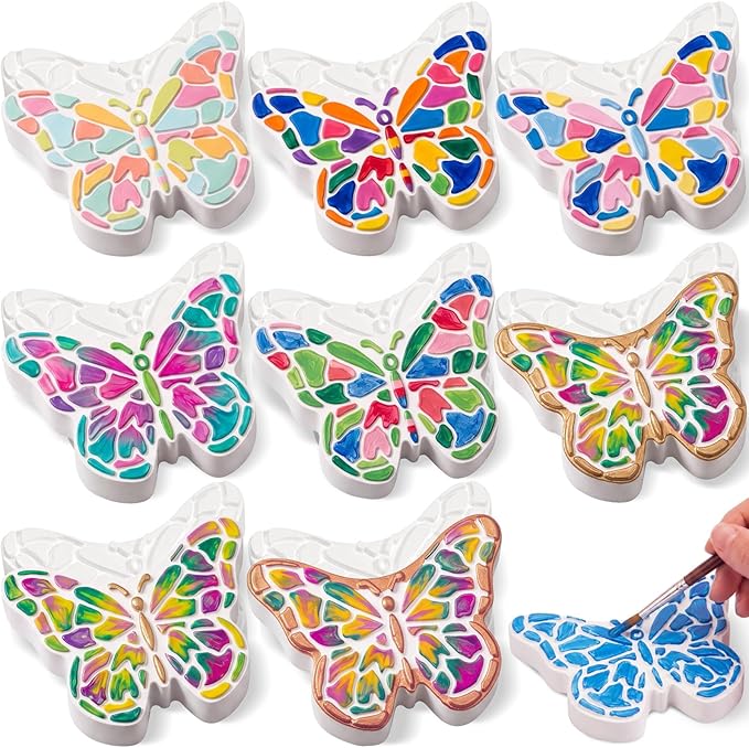 Lewtemi 16 Pcs Paint Your Own Stepping Stones for Craft, DIY Plaster Stepping Stones Garden Decor Painting Art Set for Art Class, Summer Activities & Home Decor (Butterfly)