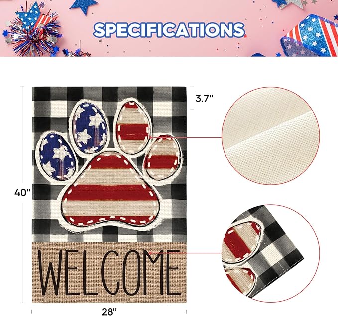 AVOIN colorlife American Flag Paw Print Patriotic 4th of July House Flag 28x40 Inch Double Sided Outside, Welcome Buffalo Plaid Yard Outdoor Decoration