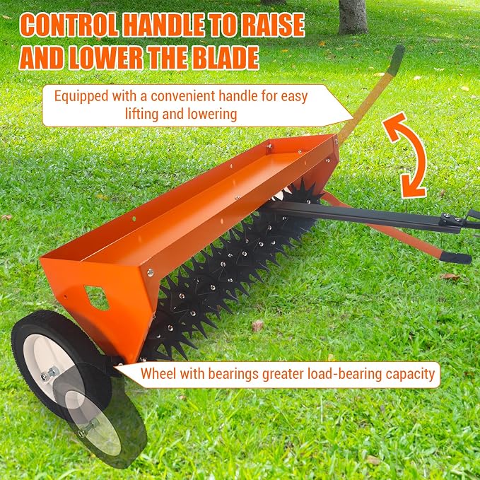 GarveeLife 40 in Tow Behind Aerator, Aerator Lawn Tool with Universal Hitch, Adjustable Handle, Transport Wheels, Lawn Aerator Compatible with Tractors for Garden, Farm and Lawn, Orange
