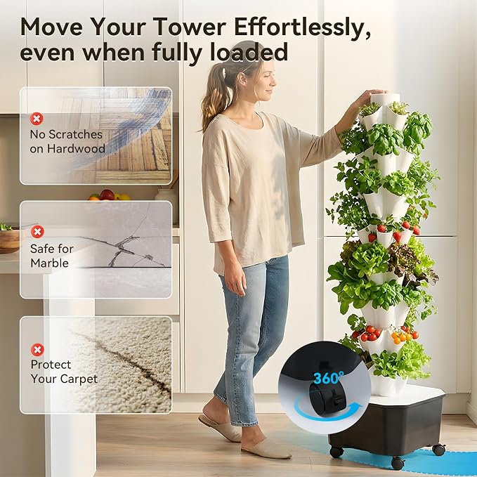 BAOSHISHAN 8 Tiers 40 Pods Outdoor Hydroponics Tower for Herbs & Greens | Durable ABS Space-Saving Vertical Tower, Smart Water Circulation, 360° Wheels for Easy Mobility, Beginner-Friendly Setup