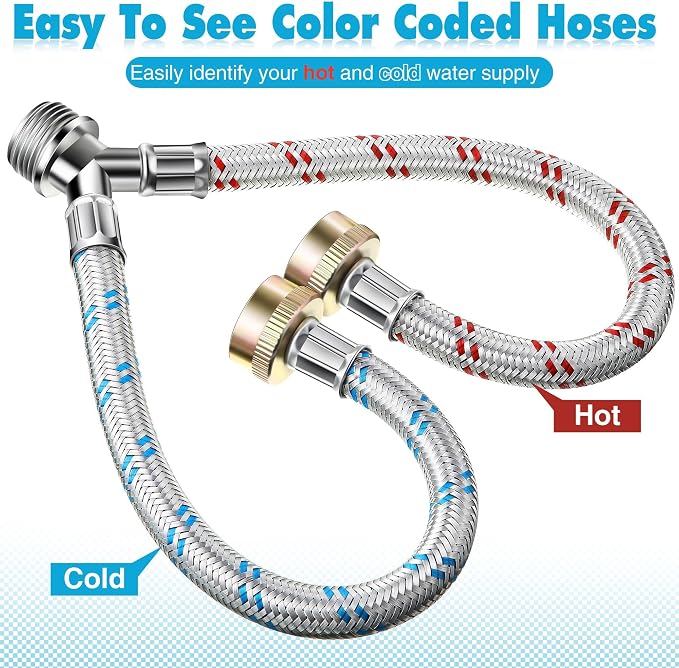 Dreyoo Hose Y Connector, 1 Ft Washing Machine Y Hose Split Stainless Steel, 3/4 Inch Brass Fittings, Hot and Cold Color Coded for Washing Machine Outdoor Faucets(4 Pcs)