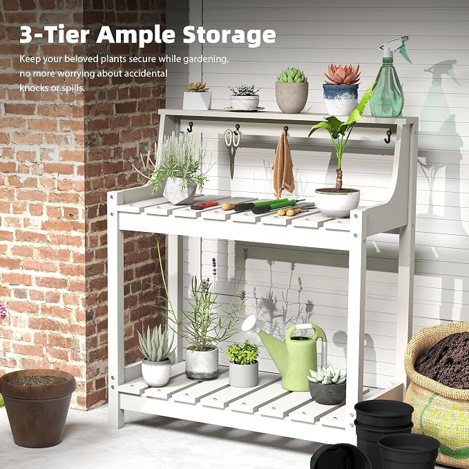 Garden Potting Bench for Outside, HDPE Outdoor Potting Table with Storage Shelves & Tool Hooks, All Weather Planting Workstation for Patio Backyard Garden (White)