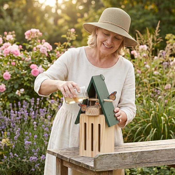 Butterfly House with Feeder - Wooden Butterfly Houses for Garden & Outside, 11.02x3.54x4.72 Inch