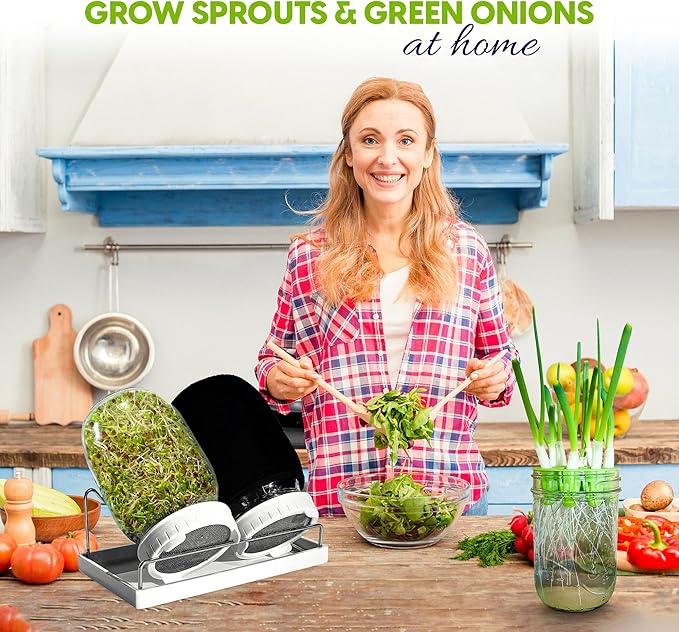 Premium Seed Sprouting Kit & Green Onion Regrower – 2 Wide-Mouth Mason Jars with Sprout Lids, Stainless Stand, Drain Tray, Blackout Sleeves & Cleaning Brush for Broccoli, Alfalfa & Mung Beans