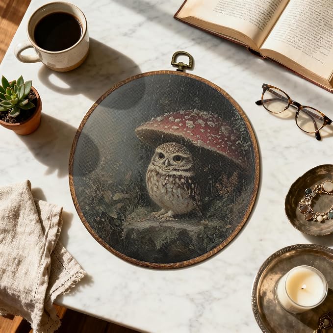 DOFQZ Cottagecore Mushroom Owl Round Wall Art Decor, Dark Academia Nature Owl Framed Wall Art, Whimsical Moody Bird Canvas Wall Hanging Decor for Home Bedroom Living Room, 10x10