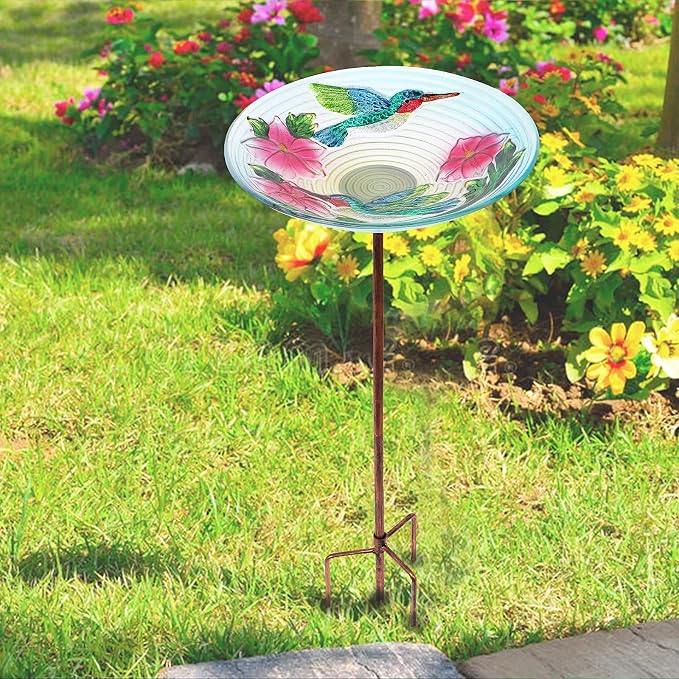 MUMTOP Glass Bird Bath, Garden Outdoor Birdbaths Birdfeeder with Metal Stake, Multi