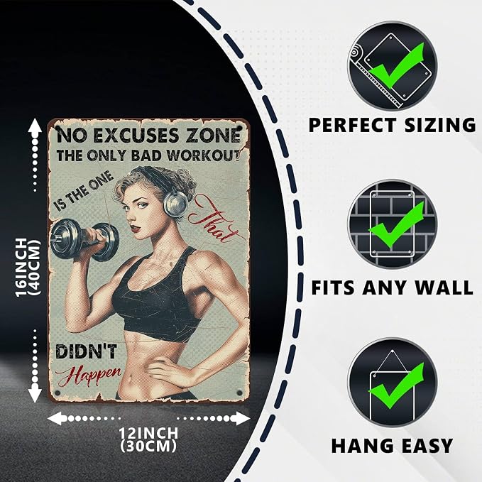 Vintage No Excuses Zone Metal Sign Retro Girl Lifting Dumbbells Fitness Tin Sign Nostalgic Art for Home Gym Personal Studio Wall Decor Living Room Garage Cafe Bar 16 * 12 In
