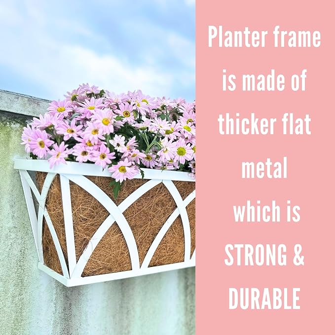 LaLaGreen Deck Railing Planter Outdoor (2 Pack, 30") Rectangular Window Flower Box with Coco Liner, White Metal Wall Hanging Planters Plant Holder Mounted Horse Troughs Rail Fence Patio Garden Decor