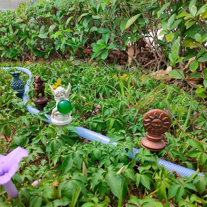 Hose Guides for Garden, 3Pcs Garden Hose Guide Stake Decorative with Roller, Hose Guide Spike Plant Protector Lawn Hose Support Spikes for Outside Lawn Yard(frogs, Angel, Sun God)