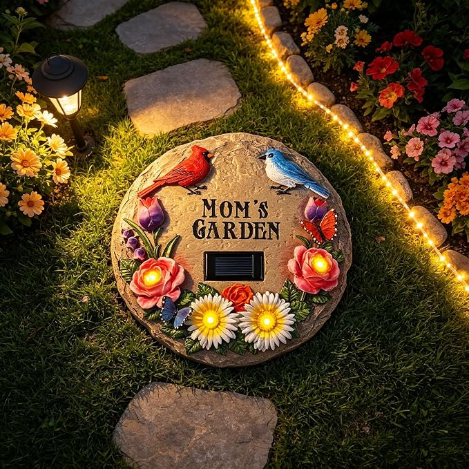Stepping Stones Outdoor Solar Lights for Mother's Day with Cardinal Robin Birds Flowers and Mom's Garden Signs, Garden Gifts for Mom Resin Path Light with 4 LED Lamps for Walkway Yard 10 Inch