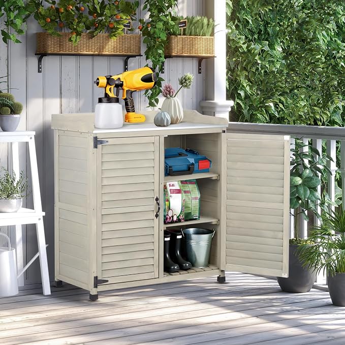 Outdoor Storage Cabinet & Potting Bench Table with Metal Work Top & Vented Louvered Doors, Wooden Patio Furniture, Garden Workstation (Accent Grey, 36x31x17in)