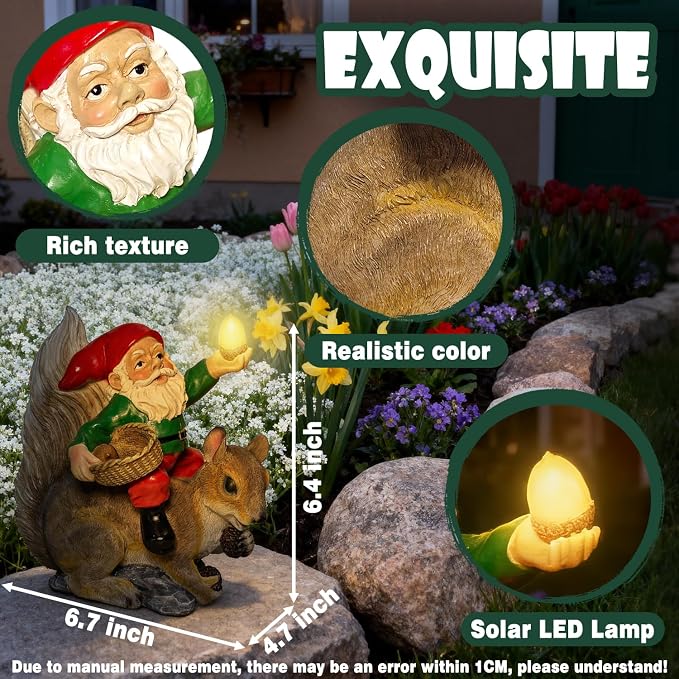 Funny Garden Gnomes Decorations for Yard Statue with Solar Lights Outdoor Squirrel Sculpture Decor
