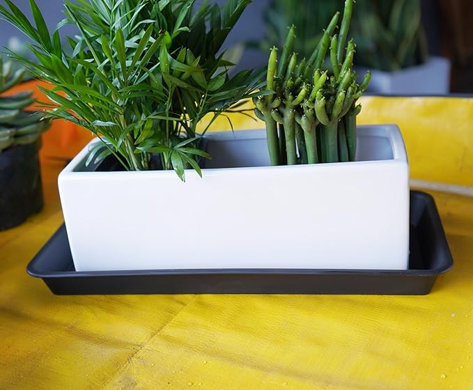 VUWEZ 2 Pack of Plastic Plant Tray Saucer Rectangular 14 inch, Plant Trays Saucers for Indoors Outdoor, Plant Water Drip Tray for Flower Pot Planter, Windowsill Plant Tray (6.8 X 14.5'', Black)