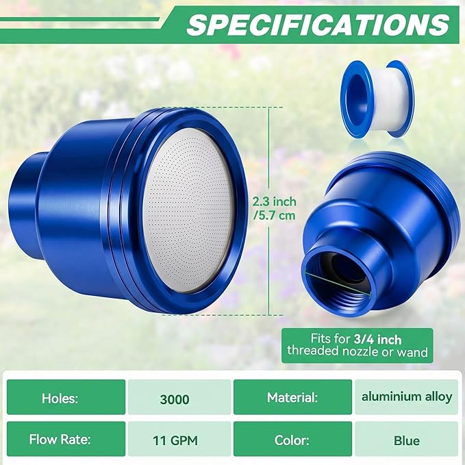 Dreyoo 1 Pack Water Nozzle with 3000 Tiny Holes, 3/4'' Aluminium Alloy Garden Hose Shower Head with PTFE Thread Seal Tape for Outdoor Watering Flowers, Plants, Greenhouse, Nurseryman (2.36'',Blue)
