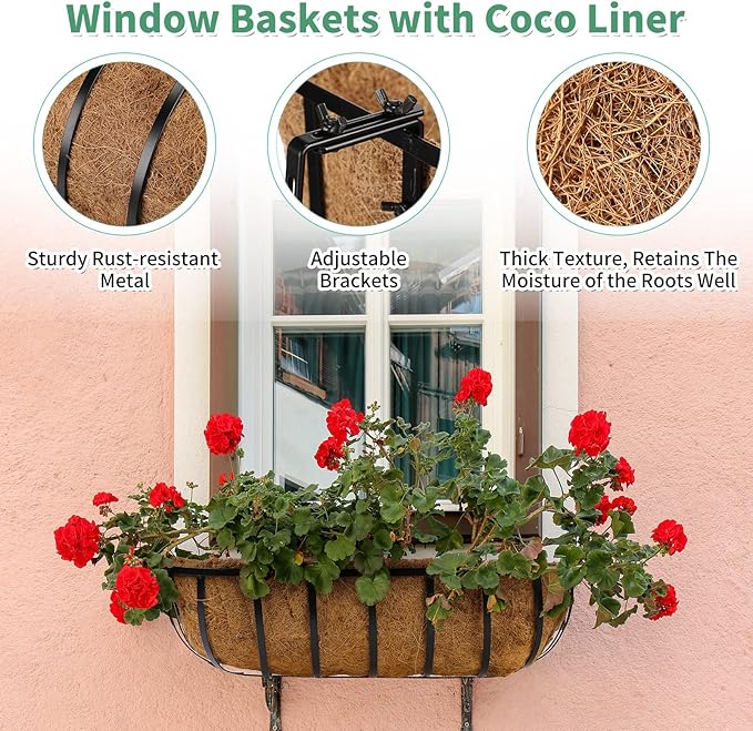 Tessco for you 3 Pieces Railing Planter Boxes, 24 Inches Window Box Planters with Coco Liner and Adjustable Brackets for Deck Porch Fence Patio Balcony Gardening Outdoor Plants