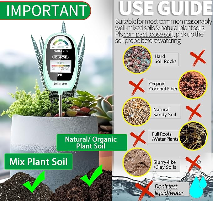 HSLGOVE Soil Test Kit, 2-in-1 Soil Moisture Meter/Soil PH Meter, Dual Screen Soil Tester, Soil Moisture Meter for Plants Watering/Gardening for Lawn,Farm Indoor&Outdoor Use-Pale Green