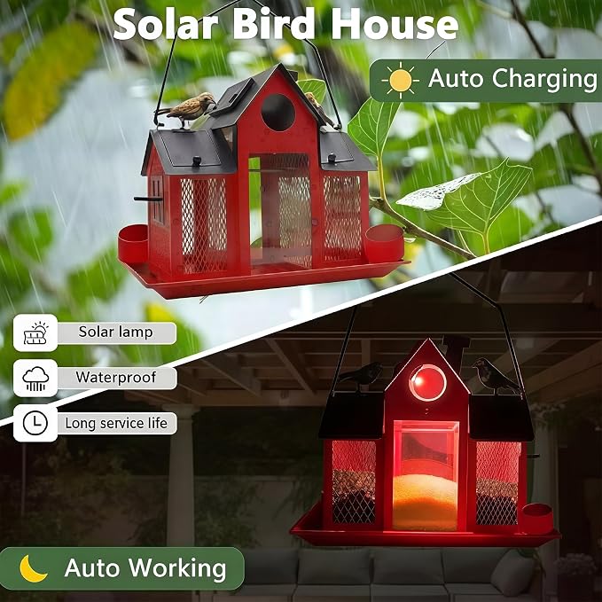 Solar Bird Feeders House for Outside Hanging, Metal Wild Bird Feeder for Outdoors Large Capacity Cardinal Birdfeeder Birdhouses Metal Bird Feeding Station Red