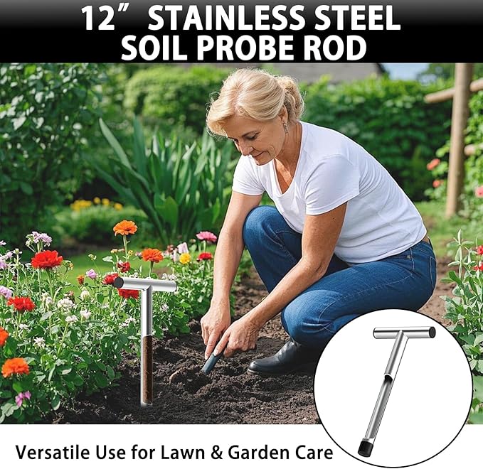 2 Pack 12 Inch Stainless Steel Soil Sampler Probe, Soil Probe for Soil Sampling, T-Style Handle Soil Test Probe, Soil Test Kit for Plant Care, Farm, Lawn Garden