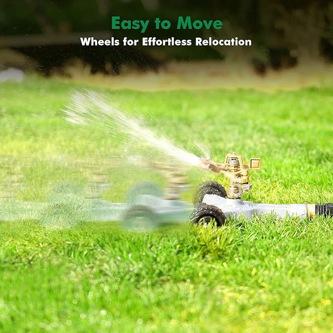 RESTMO Heavy Duty Full Metal Pulsating Sprinkler with Wheeled Base, 360° Rotating Impact Sprinkler for Large Area Lawn & Yard Irrigation, Adjustable Zinc Alloy Head for Flexible Coverage