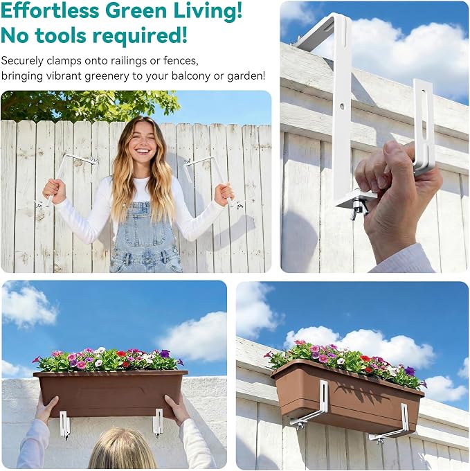 Adjustable Planter Box Brackets,Enhanced Bottom Support,Universal Outdoor Hanging Brackets,Flower Box Brackets for Fence Railings, Windowsill, Patio, Garden,Balcony. (6, White)