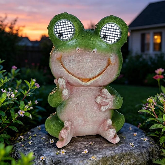 Solar Frog Garden Statue with LED Blinking Moving Eyes, Resin Solar Powered Outdoor Frog Decor, IP65 Waterproof Frog Statue for Garden Yard Patio Lawn Porch, Funny Garden Gift for Mom
