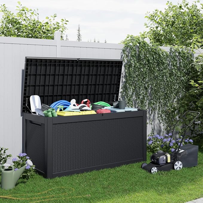320 Gallon Outdoor Storage Box Waterproof, Resin Lockable Deck Box with Lid, Large Capacity Weatherproof Container for Patio Furniture Pool Accessories, Cushions(Black, 320 Gallon)