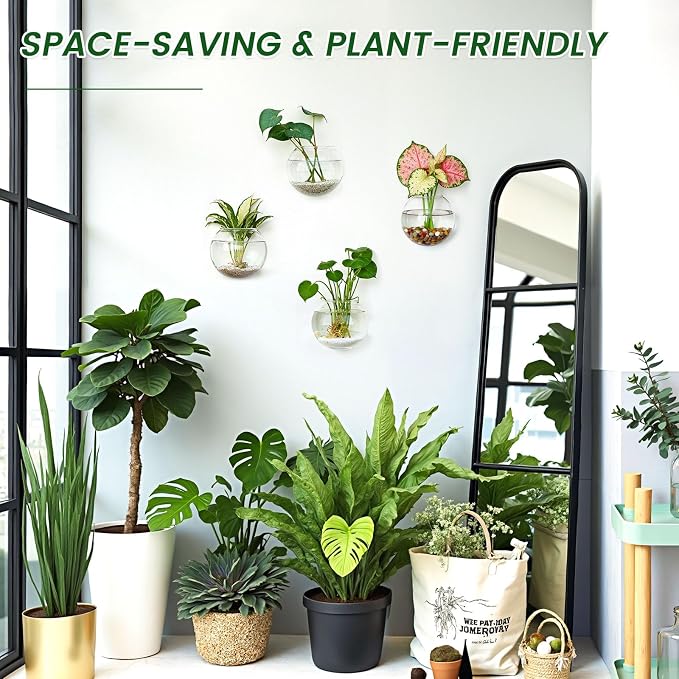 DomeStar Set of 4 Wall Planter, Wall Mounted Propagation Station Hanging Glass Vases Terrarium Station for Hydroponics Plants Home Office Decor