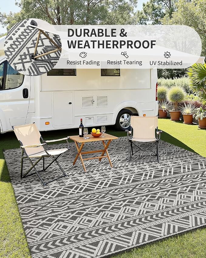 MontVoo Outdoor Rug 8x10 Waterproof Outdoor Patio Rug Mat Reverisble Plastic Straw Outdoor Rug for RV Camping Picnic Beach Balcony Boho Grey