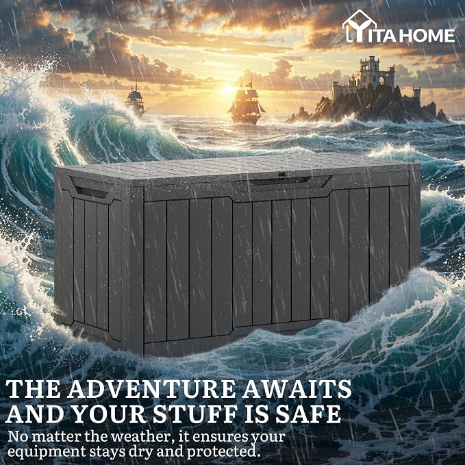 YITAHOME 100 Gallon Outdoor Storage Box, Large Water Resistant Resin Deck Box, Indoor Outdoor Lockable Storage Container for Patio, Garden, Cushions, Tools, Equipment (Dark Gray)