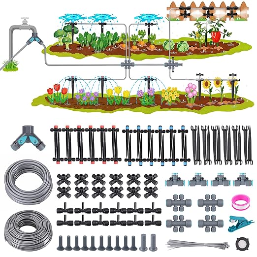 240FT Quick-Connect Drip Irrigation System, Garden Watering System 1/4" & 1/2" Fast-Lock Tubing, Adjustable Nozzles Emitters for Outdoor Raised Garden Beds,Greenhouse, Lawn, Patio