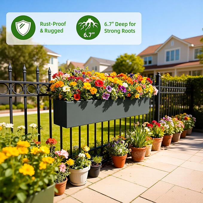 2 Pack Metal Railing Planter Box, 30 Inch Balcony Planters with Adjustable Brackets, Large Hanging Planters for Outdoor Fence Deck