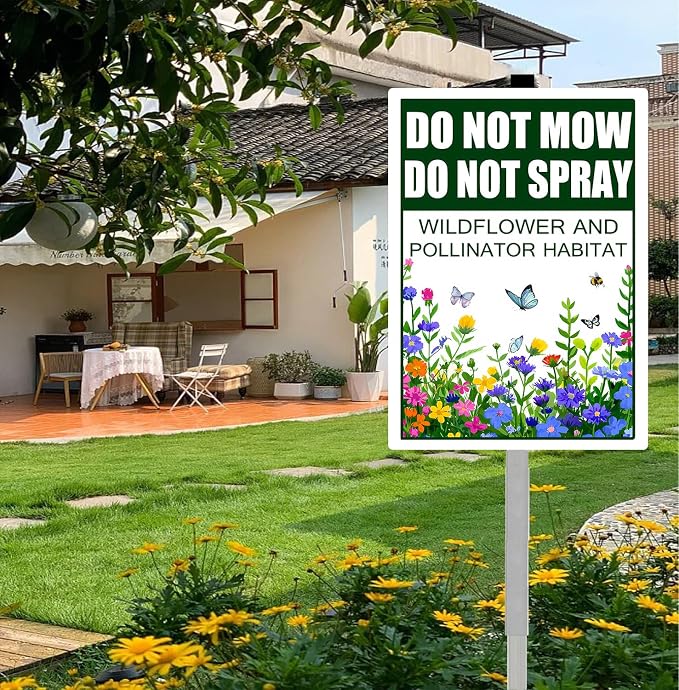 Do Not Mow Do Not Spray Wildflower and Pollinator Habitat Yard Sign With Stakes No Mow May Rustproof Reflective Aluminum Butterfly Garden Signs 8x12 inches