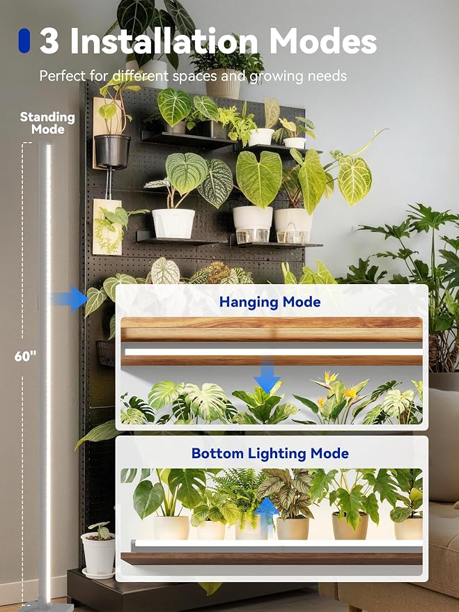 GLOWRIUM Grow Lights for Indoor Plants, 36W Vertical Plant Grow Lights with Auto-Timer, Full Spectrum LED Standing Plant Grow Light, 3 Light Modes, 6-Level Dimmable (60 in(Silver))