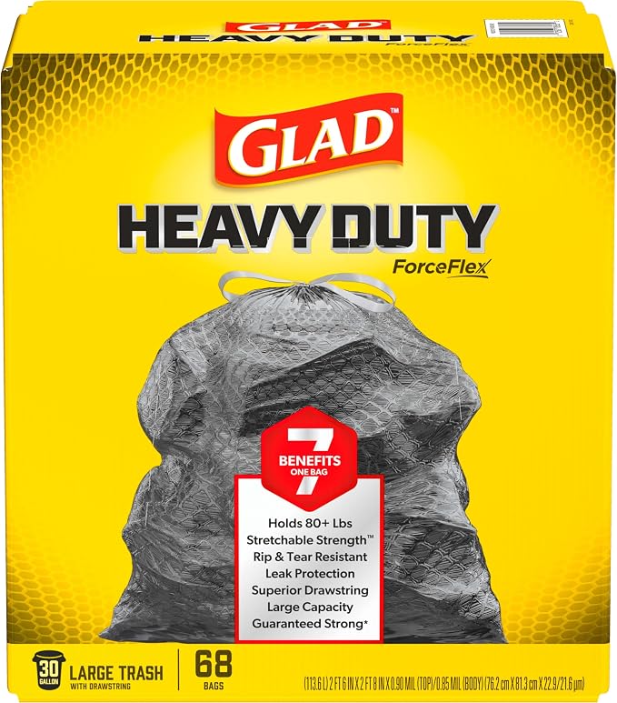Glad ForceFlex Trash Bags 30 Gallon | Black | LeakGuard Protection | Stretchable Strength | 68 Count, Pack of 4