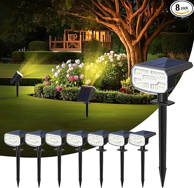 JEJOT Solar Lights Outdoor Waterproof IP65,Auto On/Off, 2700K 2 Lighting Modes, Super Bright LED, Solar Powered Yard Garden Solar Spot Lights for Outside Landscape -8 Pack
