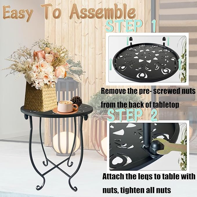 Outdoor Side Table, 14-inch Small Round Metal Patio Table with Flower Cut-Out Design, Set of 2 Modern Rust-Proof Portable End Table Patio Side Table for Outside Garden Balcony Yard & Indoor Use