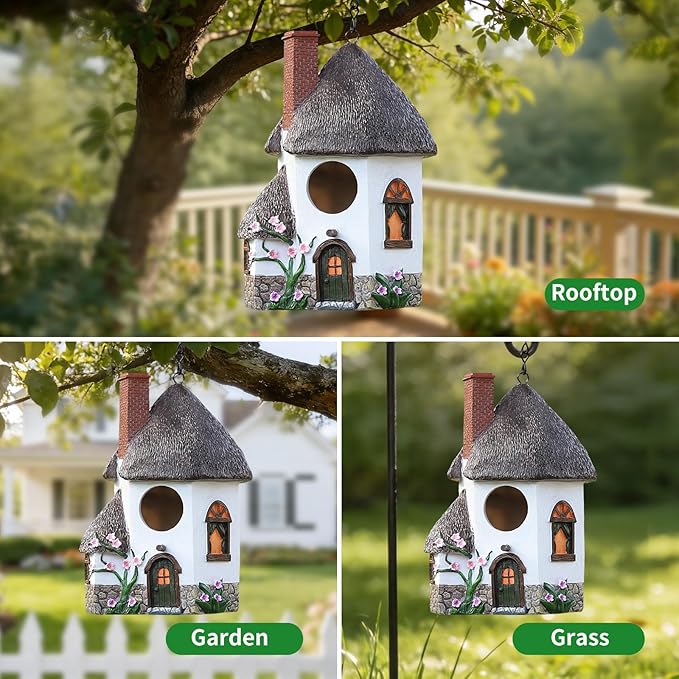 Bird Houses for Outside Rustic Cottage Birdhouse with Chimney Thatch Roof – Hand-Painted Resin Birdhouses for Outdoors for Bluebird Finches Cardinals Bird Nesting Garden, Patio, Yard