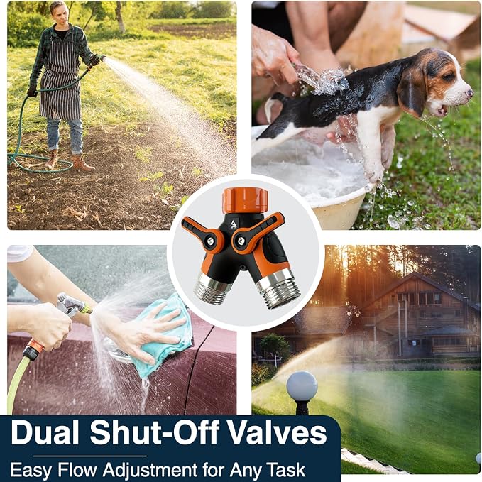 DBR Tech® Hose Splitter 2 Way, Heavy Duty Metal Connector, Two Way Garden Hose Splitter, High Flow Spigot Faucet Bib Adapter, Solid Double Y Shut Off Valve for Outdoor Gardening Hoses, Orange