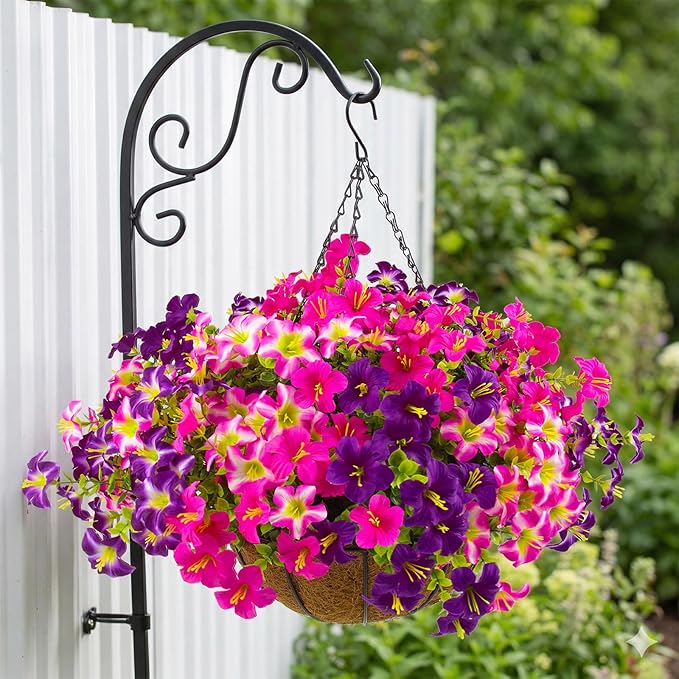 2 Set Artificial Outdoor Petunias Flowers with Hanging Baskets, 24 Pcs UV Resistant Faux Petunias Flowers with Hanging Planter for Front Door Porch Spring Outside Decor (2, RoseRed,RedViolet)