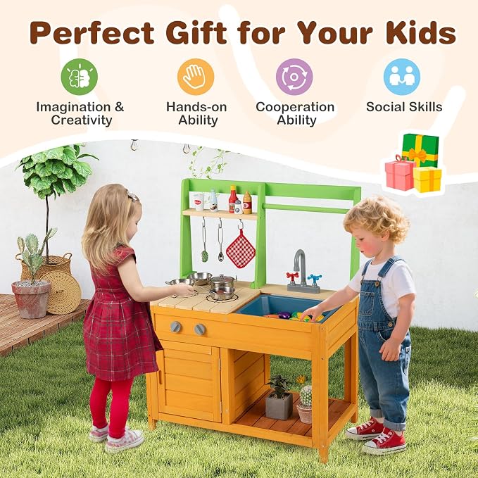 Costzon Mud Kitchen for Kids Outdoor, Wooden Play Kitchen w/Stoves, Removable Sink, Faucet, Oven, Cooking Accessories, Storage Shelves, Montessori Pretend Kitchen Playset for Girls&Boys 3+ Years Old