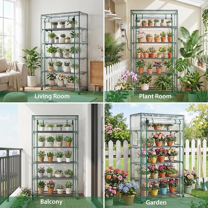 Indoor Greenhouse with Grow Lights & Wheels, 5 Tier Wire Shelf PVC Tent Portable Mini Green House Cabinet Kit for Plant Seed Starting Mushroom Grow (Upgraded)