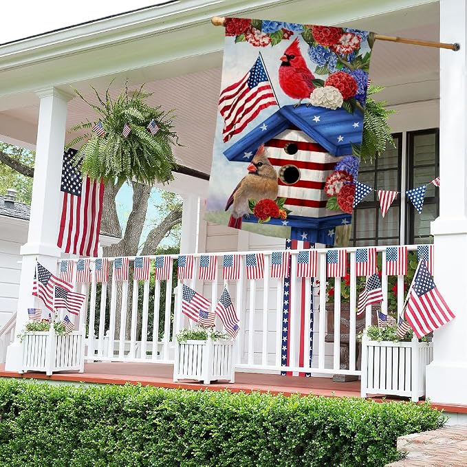 BLKWHT 4th of July Cardinal Bird House Flag 28x40 Vertical Double Sided Red Blue Floral Memorial Day Independence Day Holiday Outside Decorations Burlap Yard Flag BW824-40