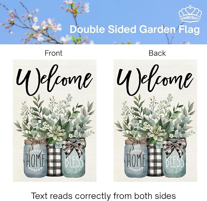 CROWNED BEAUTY Spring Garden Flag Eucalyptus Mason Jar 12x18 Inch Double Sided Small Seasonal Farmhouse Floral Holiday Decoration for Outdoor Lawn Yard