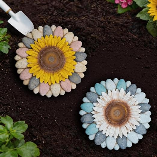 Sunflower Flower Cement Stepping Stones, 2 Pack, 10 Inch, Heavy Duty Non-Slip Outdoor Walkway Decor for Yard, Patio, Lawn