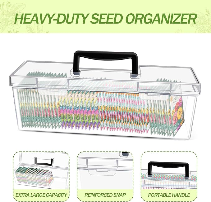 GRETJOB Seed Organizer Storage Box - Clear Plastic Seed Packet Keeper with Secure Lids (14x4.2x4.7in) (1 Pack)