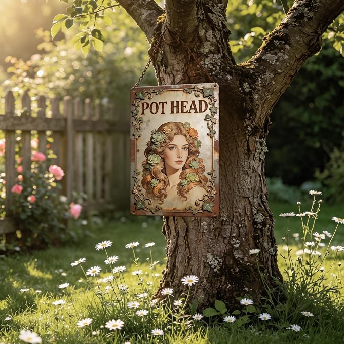 2D Flat Funny Garden Signs, Pot Head Vintage Garden Decor, Outdoor Wall Decor for Patio Yard Greenhouse Home, Waterproof Garden Gifts 8x12 Inch