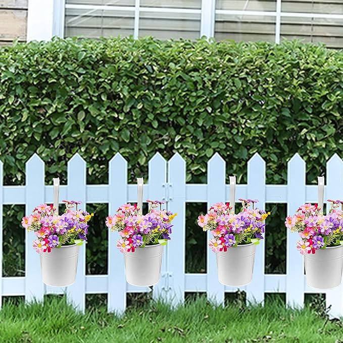 Railing Planters with Drainage Holes, 10 Pack 6.3" x 4.7" x 5.3" Iron Hanging Flower Pots with Removable Hooks for Balcony Fence Garden Suitable Indoor Outdoor, Plant Hanger, 10 Colors