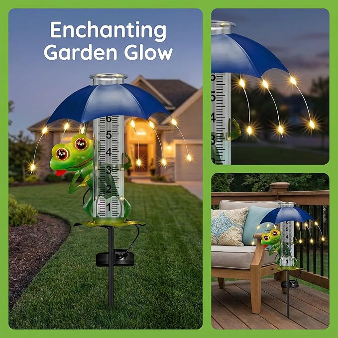 Rain Gauge Outdoor Solar Frog 7-Inch Glass Tube Rain Gauges with LED Lights for Yard Patio Garden Decor,Frog Design Decorative Weather Gauge for Garden, Yard, Lawn, Patio (Multiple Lights)