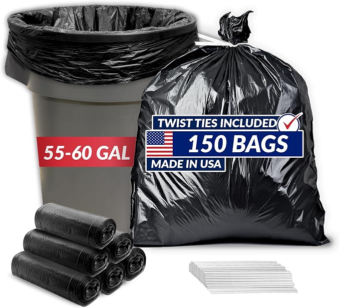 Reli. 55-60 Gallon Trash Bags Heavy Duty | 150 Trash Bags with Ties | Super Sizeable, Black, Serious Garbage Cleanup